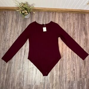 Mangopop Women Square Neck Burgundy One Piece Long Sleeve Body Suit Plus XXL